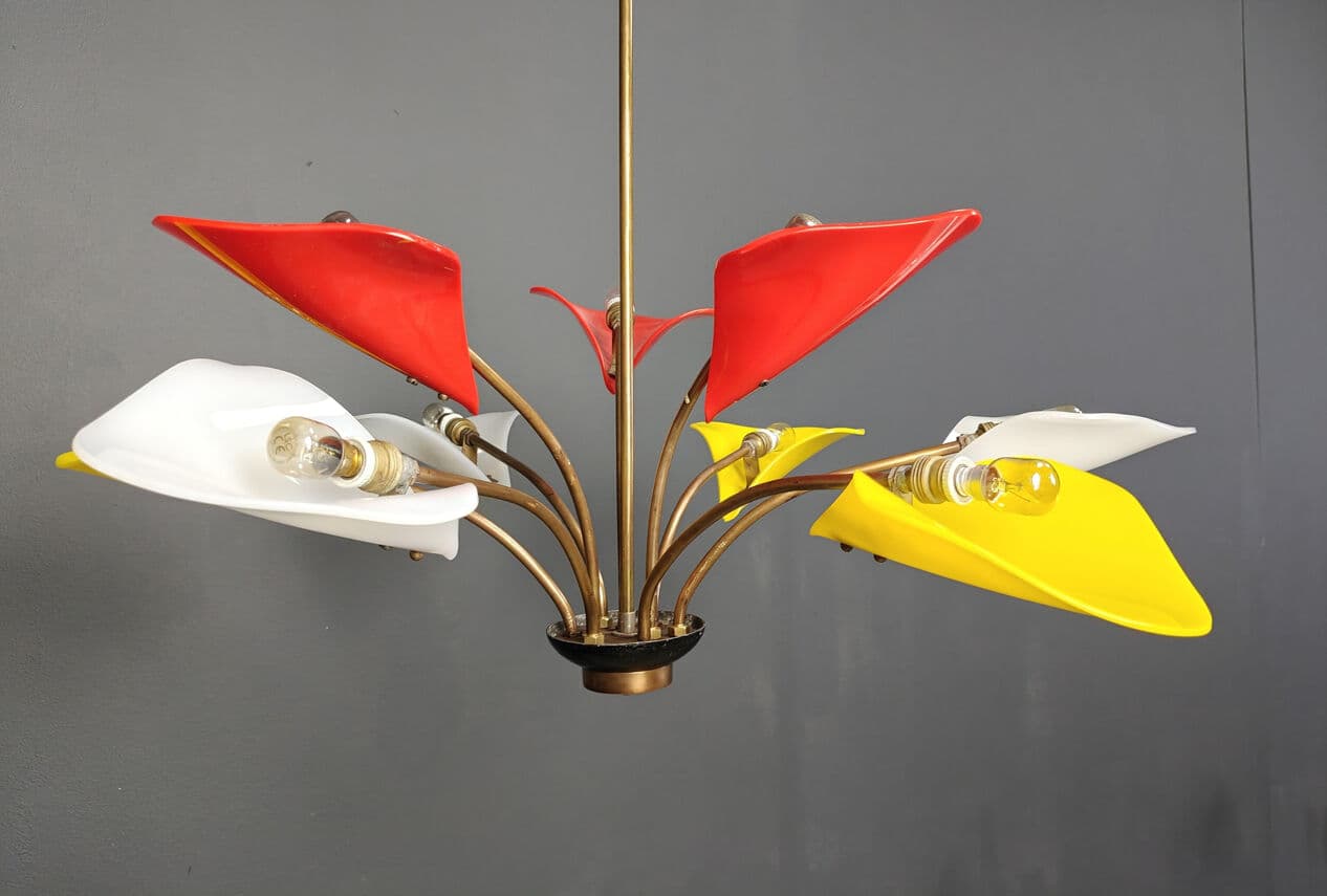 Chandelier, red yellow white, plexiglass brass, Italy, 1970s. - 331230