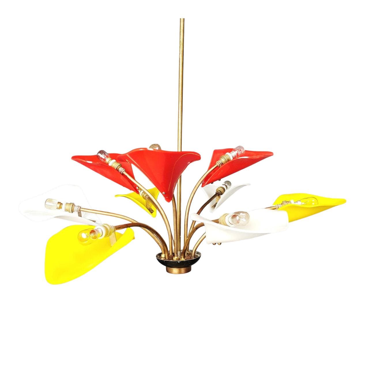 Chandelier, red yellow white, plexiglass brass, Italy, 1970s.