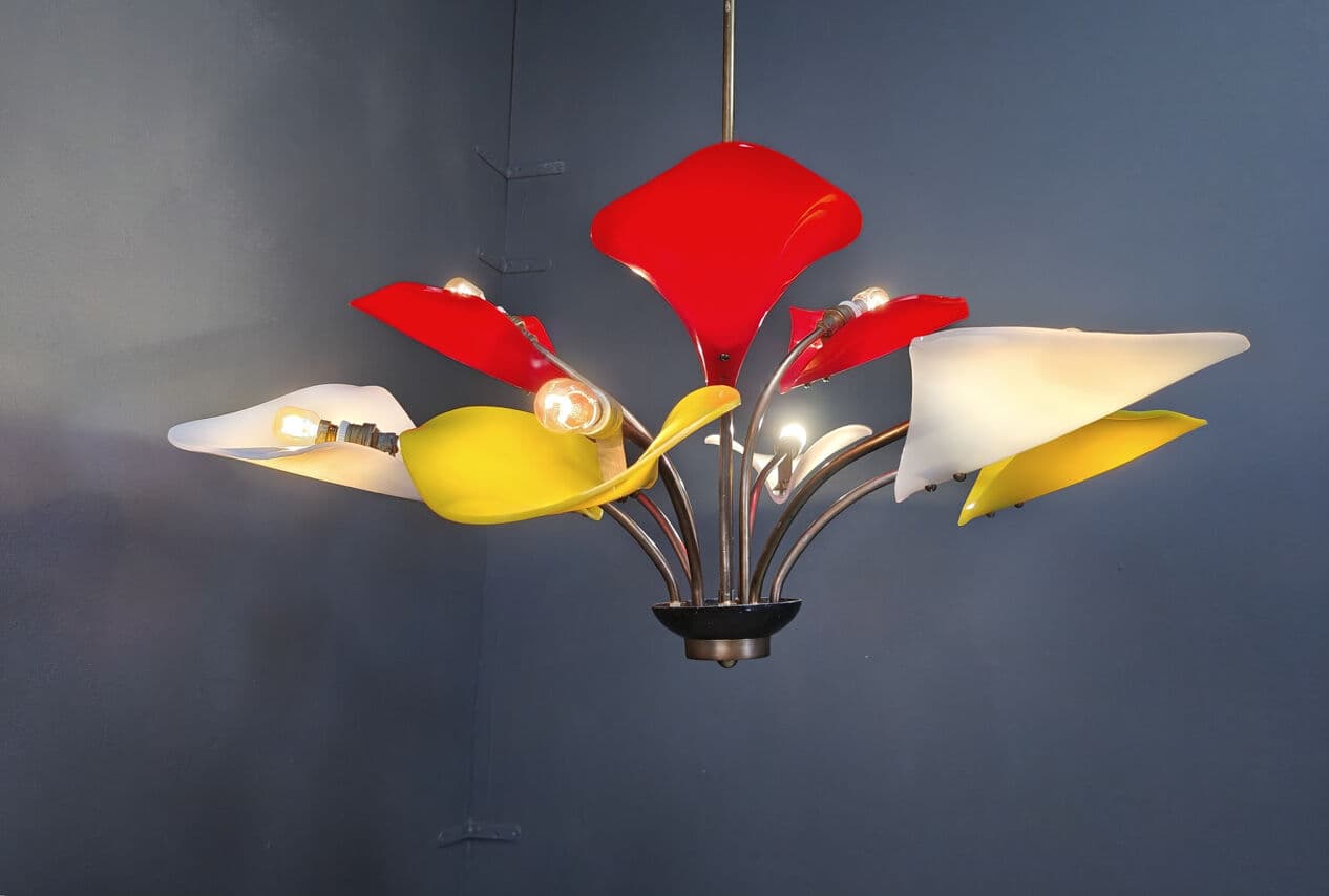 Chandelier, red yellow white, plexiglass brass, Italy, 1970s. - 331237