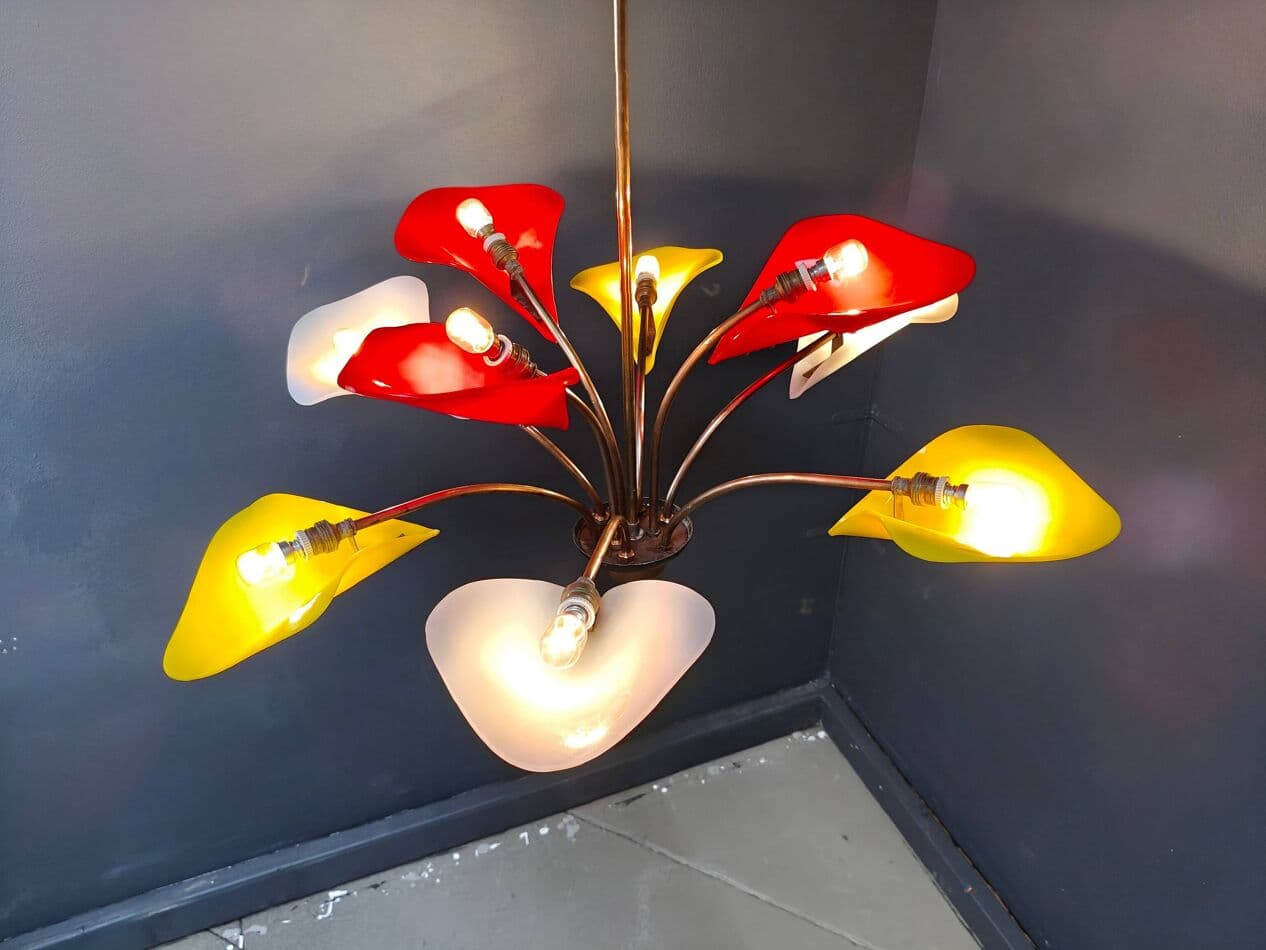 Chandelier, red yellow white, plexiglass brass, Italy, 1970s. - 331234