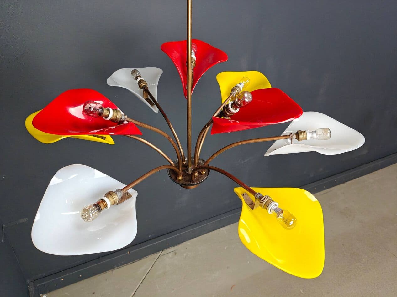 Chandelier, red yellow white, plexiglass brass, Italy, 1970s. - 331231