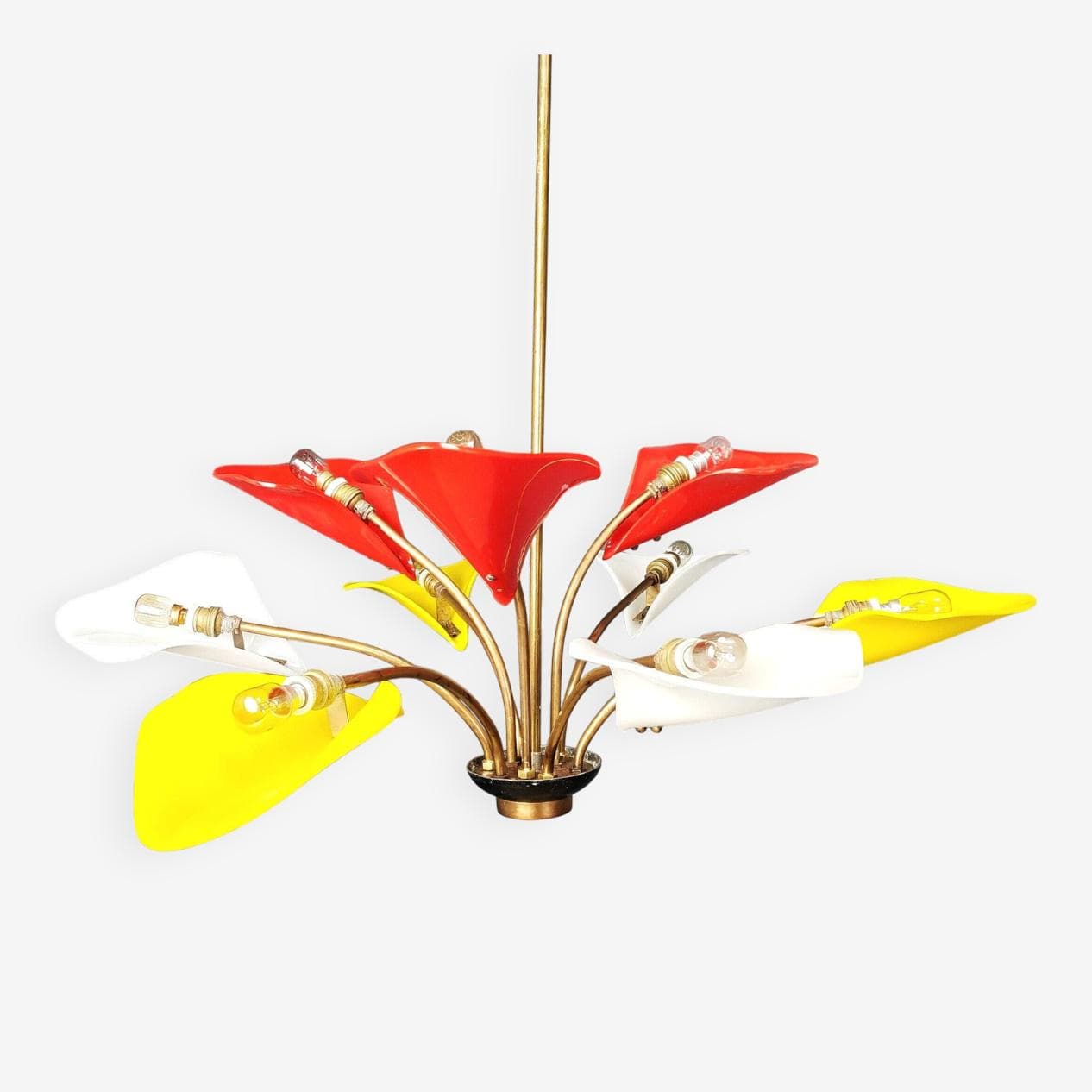 Chandelier, red yellow white, plexiglass brass, Italy, 1970s. - 331229