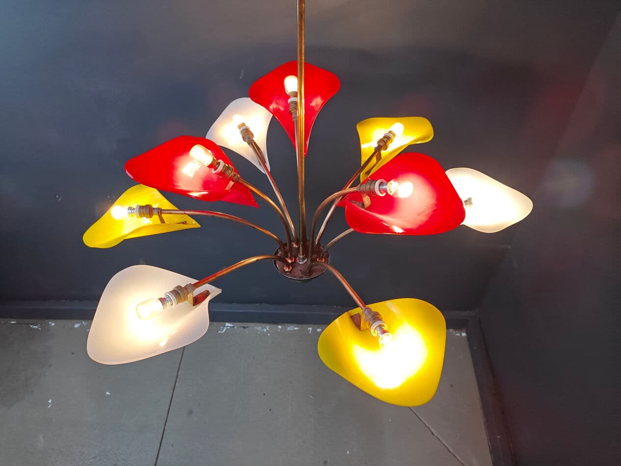 Chandelier, red yellow white, plexiglass brass, Italy, 1970s. - 331236