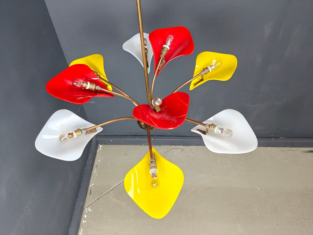 Chandelier, red yellow white, plexiglass brass, Italy, 1970s. - 331233
