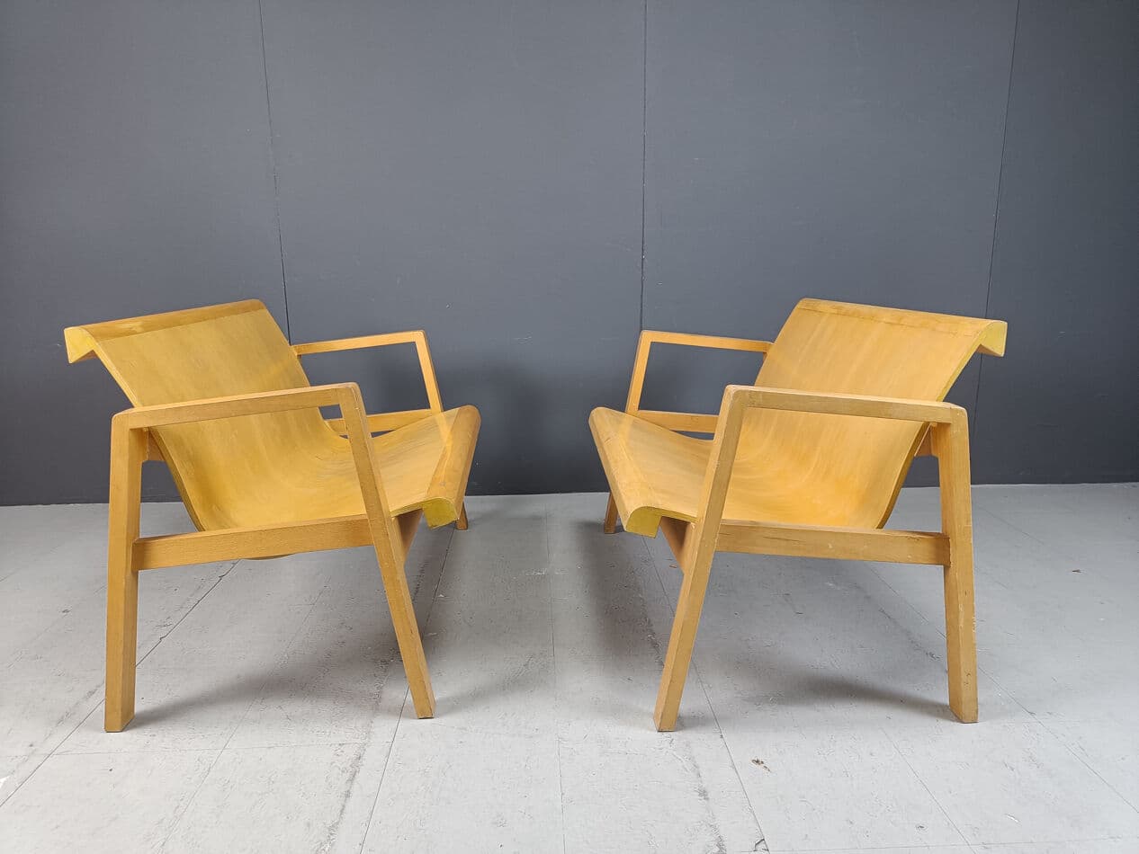 Set of two benches, Scandinavian style, brown plywood, yellow wood, Belgium, 1970s. - 331219