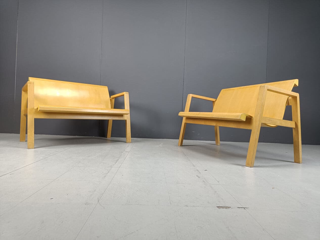 Set of two benches, Scandinavian style, brown plywood, yellow wood, Belgium, 1970s. - 331215