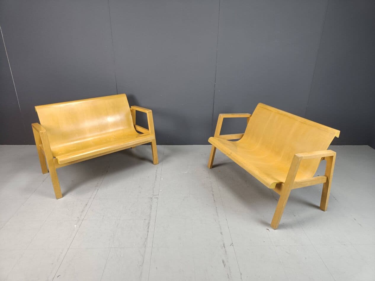 Set of two benches, Scandinavian style, brown plywood, yellow wood, Belgium, 1970s. - 331216