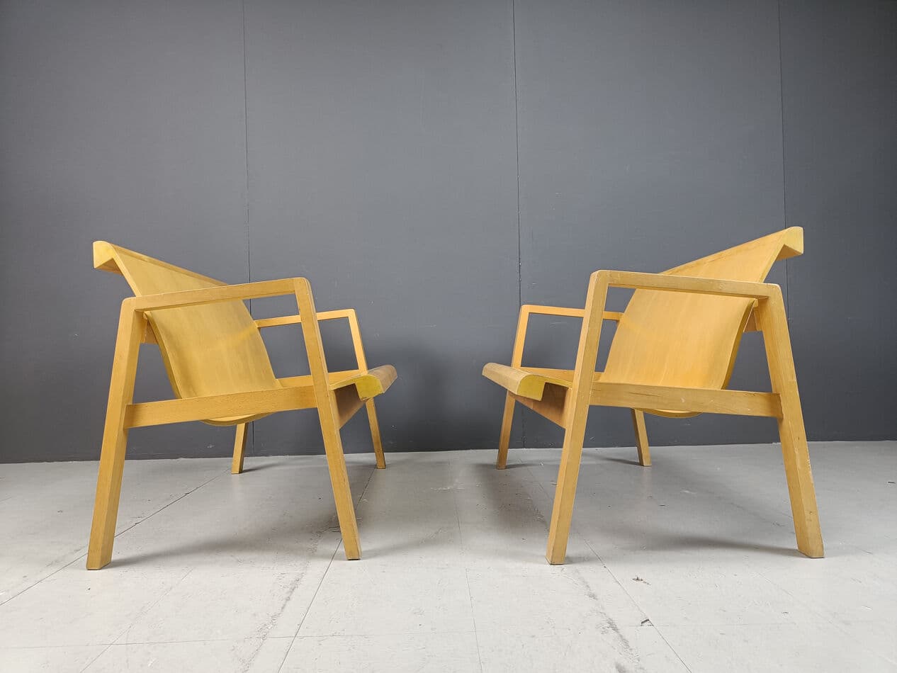 Set of two benches, Scandinavian style, brown plywood, yellow wood, Belgium, 1970s. - 331222