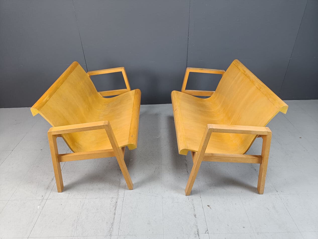 Set of two benches, Scandinavian style, brown plywood, yellow wood, Belgium, 1970s. - 331223
