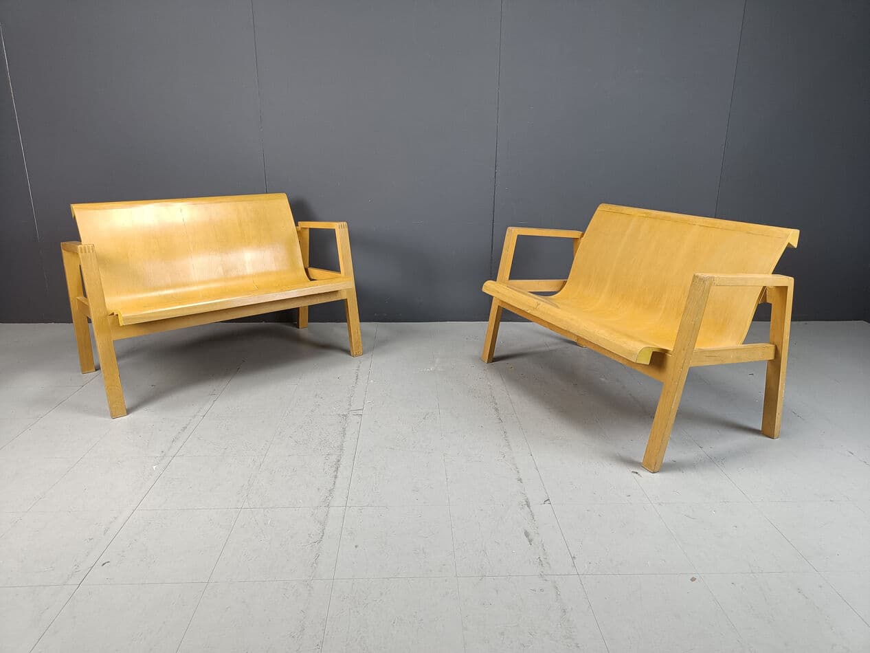 Set of two benches, Scandinavian style, brown plywood, yellow wood, Belgium, 1970s. - 331224