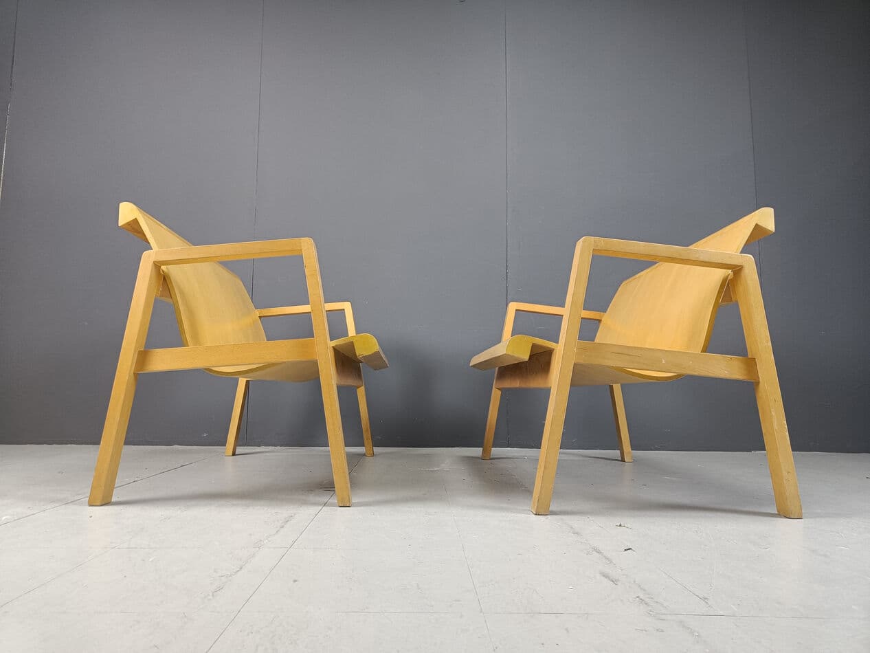 Set of two benches, Scandinavian style, brown plywood, yellow wood, Belgium, 1970s. - 331221