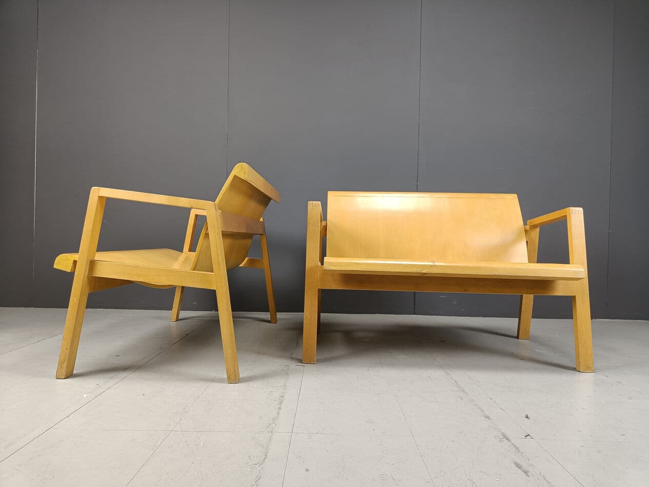 Set of two benches, Scandinavian style, brown plywood, yellow wood, Belgium, 1970s. - 331220