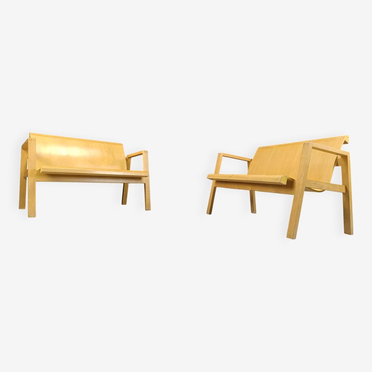 Set of two benches, Scandinavian style, brown plywood, yellow wood, Belgium, 1970s. - 331217