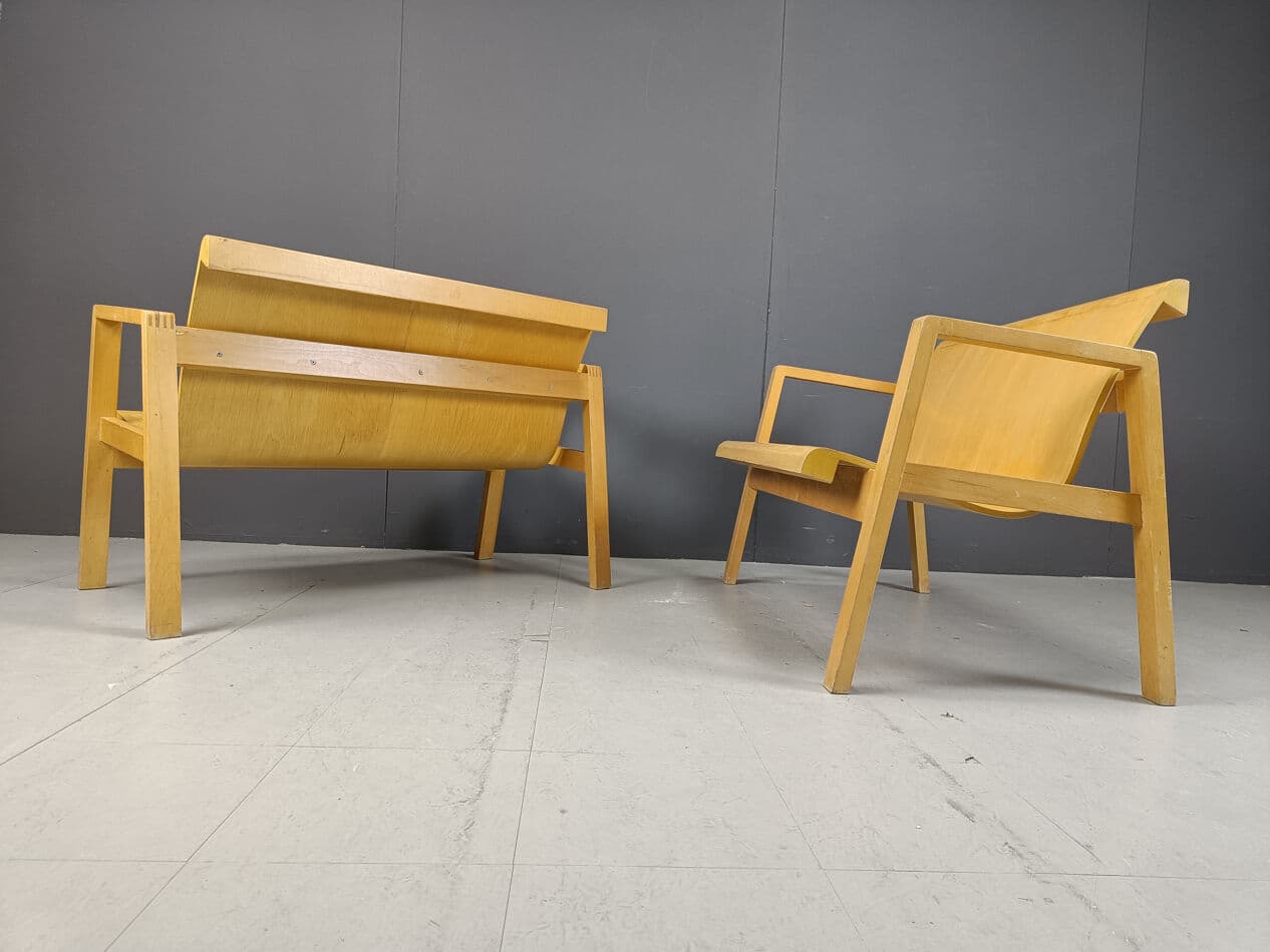 Set of two benches, Scandinavian style, brown plywood, yellow wood, Belgium, 1970s. - 331218