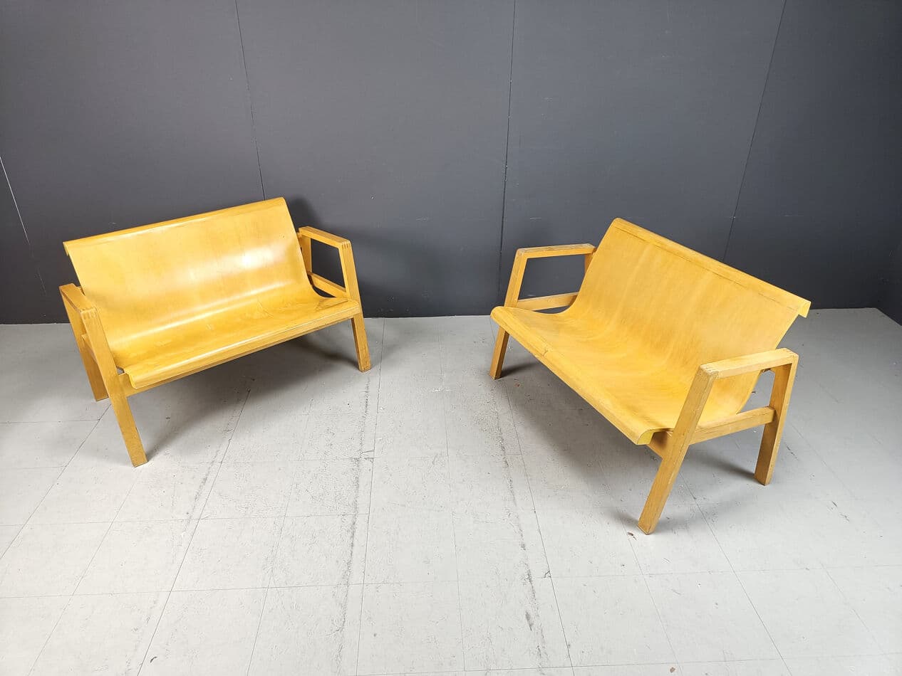 Set of two benches, Scandinavian style, brown plywood, yellow wood, Belgium, 1970s. - 331225