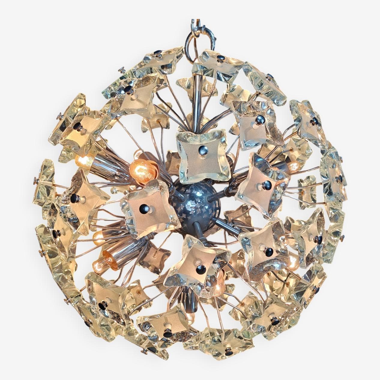 Sputnik chandelier, yellow blue grey glass, silver chrome, Italy, 1970s. - 331205
