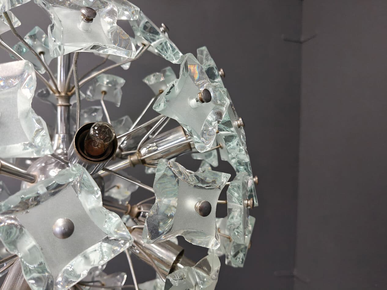 Sputnik chandelier, yellow blue grey glass, silver chrome, Italy, 1970s. - 331211