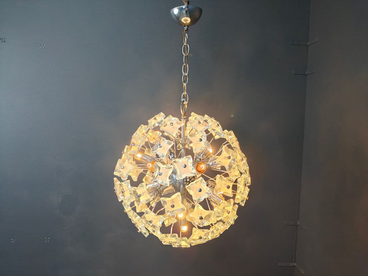 Sputnik chandelier, yellow blue grey glass, silver chrome, Italy, 1970s. - 331203