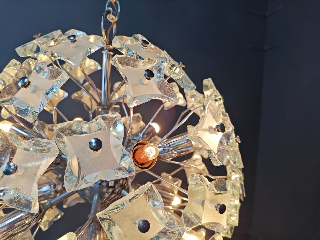 Sputnik chandelier, yellow blue grey glass, silver chrome, Italy, 1970s. - 331213