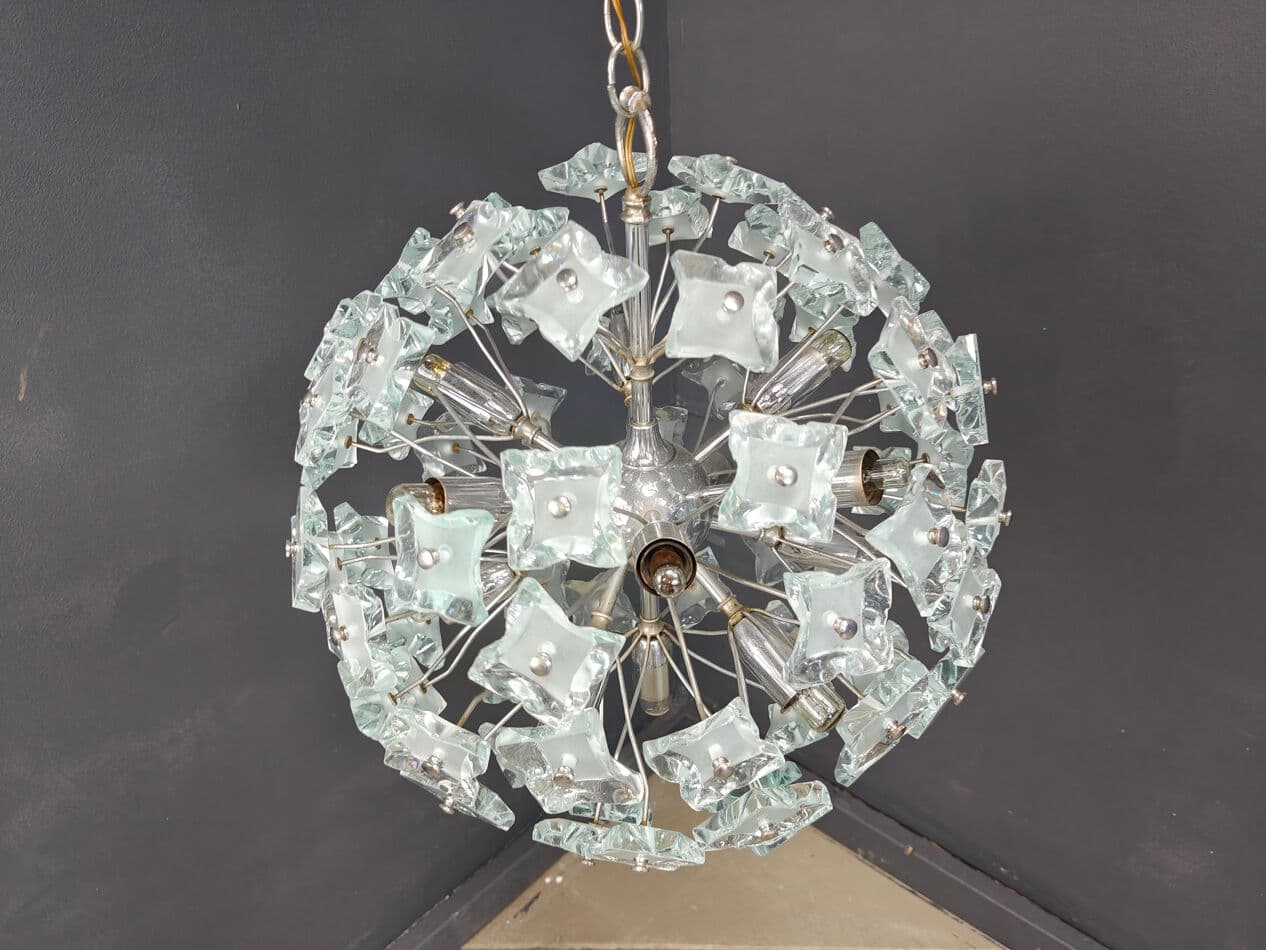 Sputnik chandelier, yellow blue grey glass, silver chrome, Italy, 1970s. - 331204