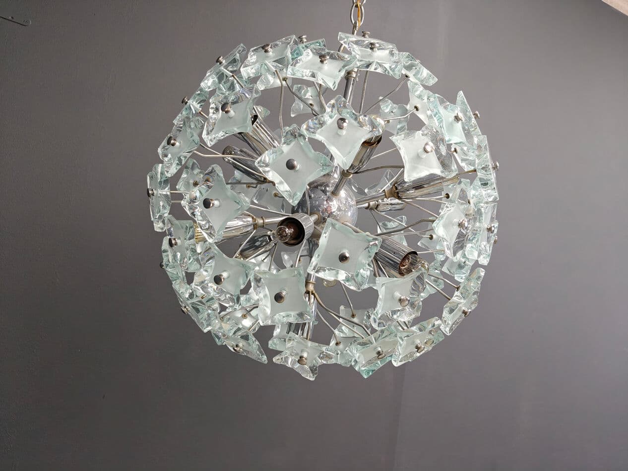 Sputnik chandelier, yellow blue grey glass, silver chrome, Italy, 1970s. - 331210