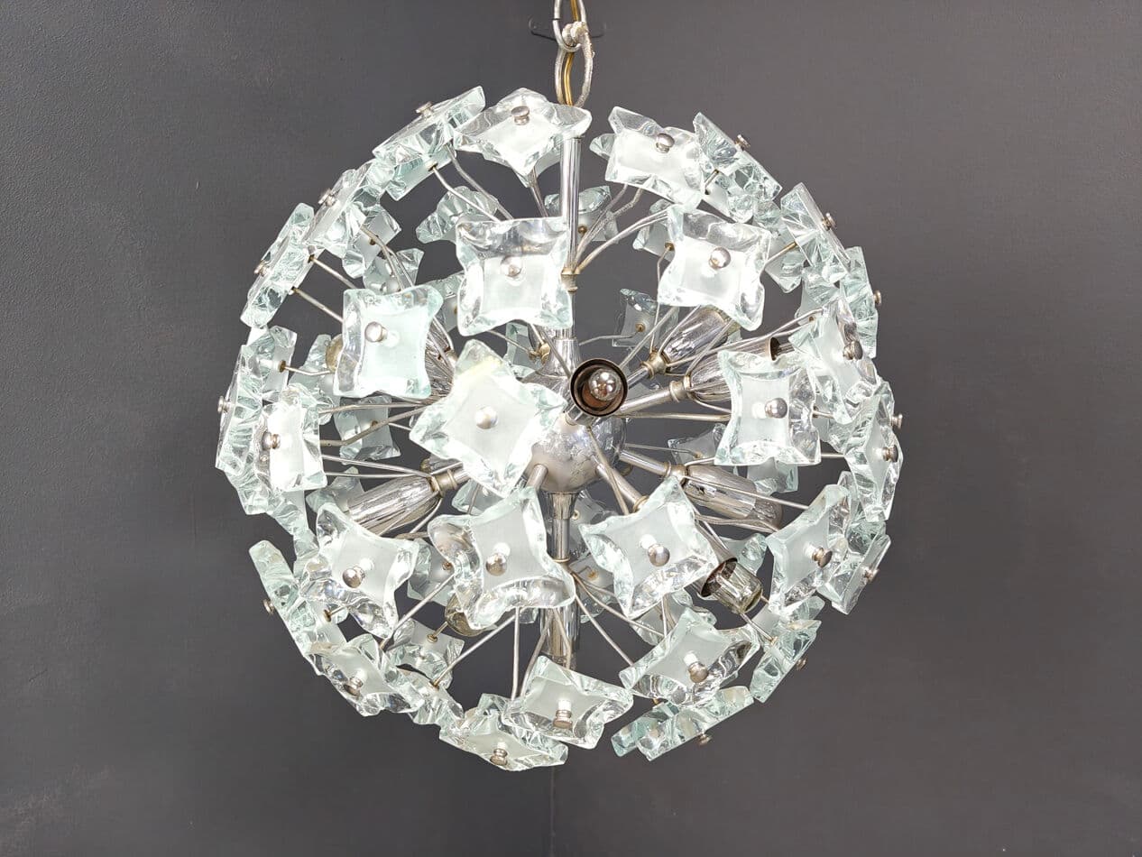 Sputnik chandelier, yellow blue grey glass, silver chrome, Italy, 1970s. - 331207