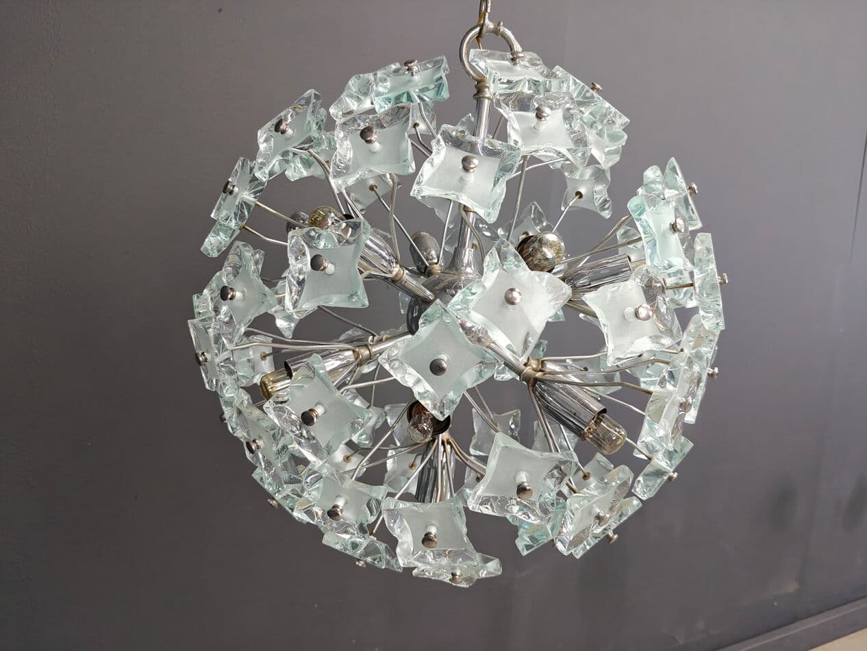 Sputnik chandelier, yellow blue grey glass, silver chrome, Italy, 1970s. - 331209