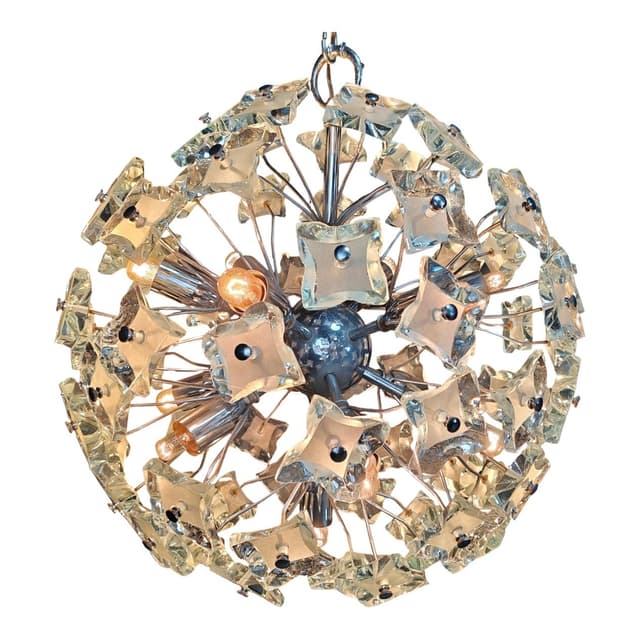 Sputnik chandelier, yellow blue grey glass, silver chrome, Italy, 1970s. - DIMENSION