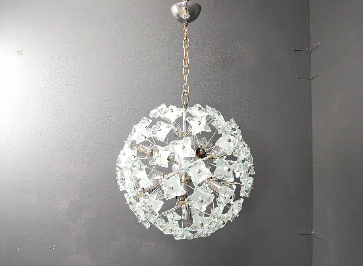 Sputnik chandelier, yellow blue grey glass, silver chrome, Italy, 1970s. - 331212