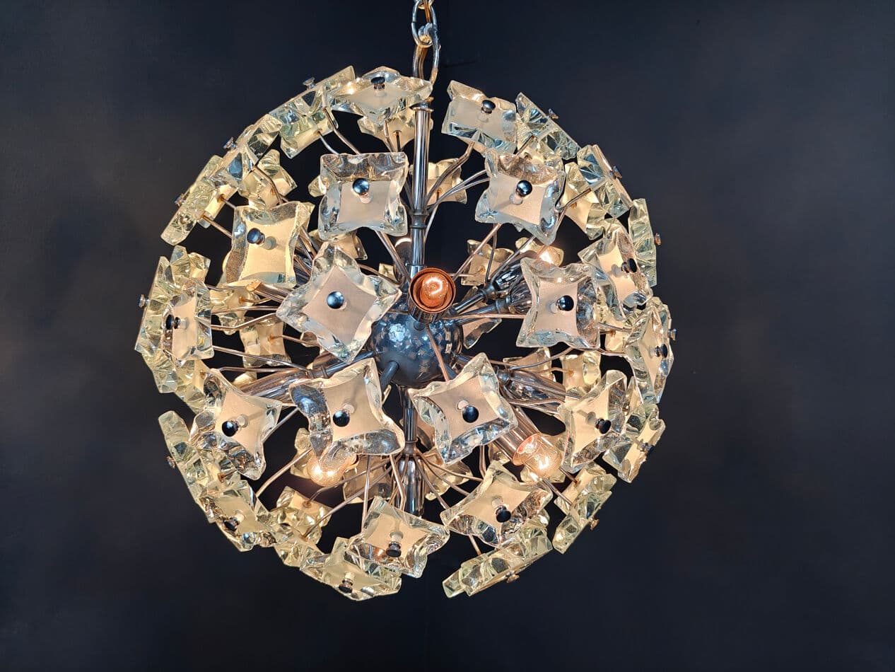Sputnik chandelier, yellow blue grey glass, silver chrome, Italy, 1970s. - 331206