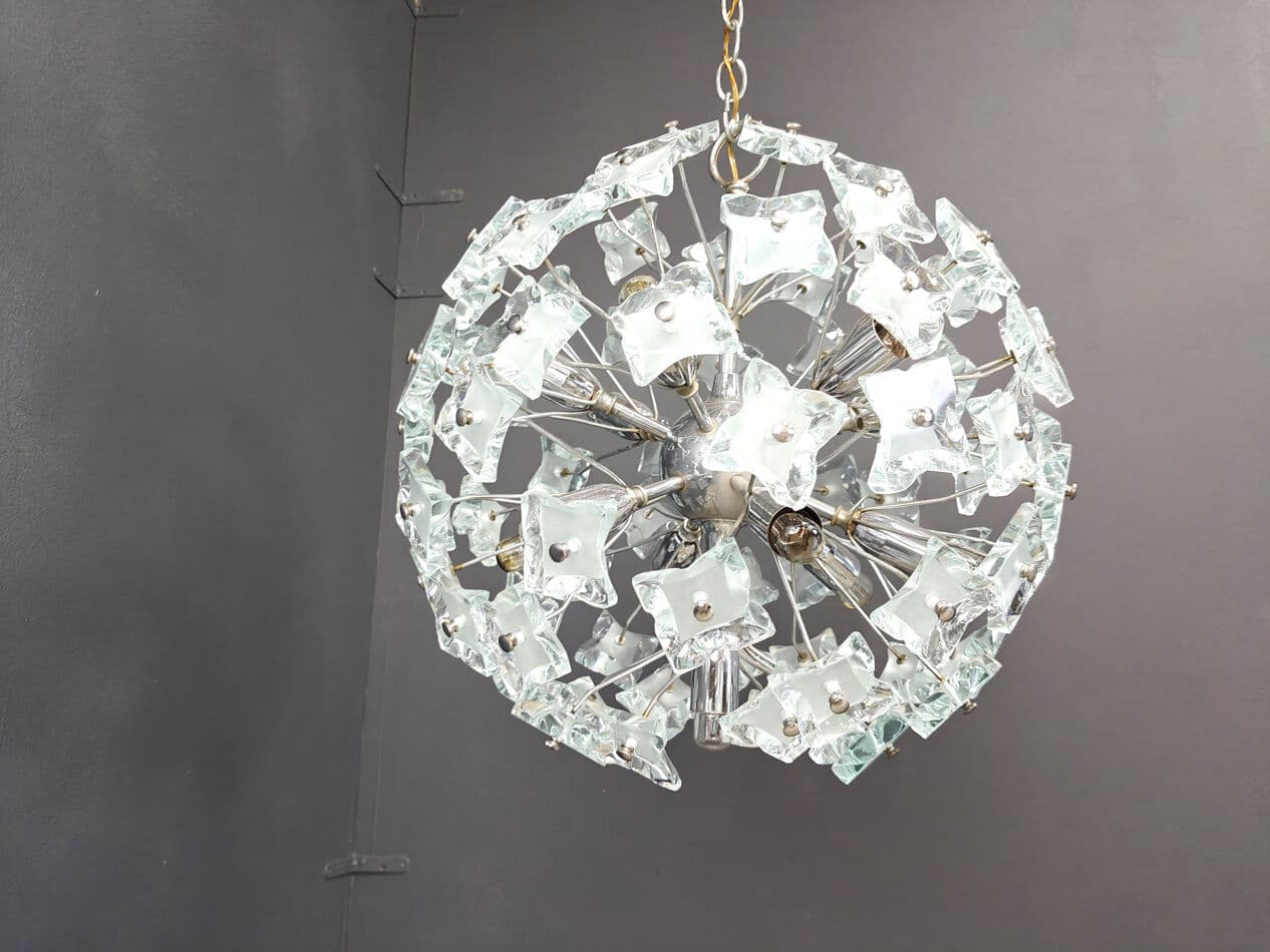 Sputnik chandelier, yellow blue grey glass, silver chrome, Italy, 1970s. - 331208