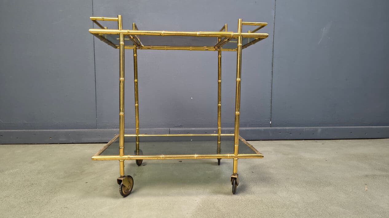 Bar Cart Faux Bamboo, Gold Brass, Grey Glass, Italy, 1970s - 331196