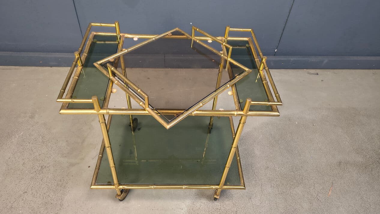 Bar Cart Faux Bamboo, Gold Brass, Grey Glass, Italy, 1970s - 331200