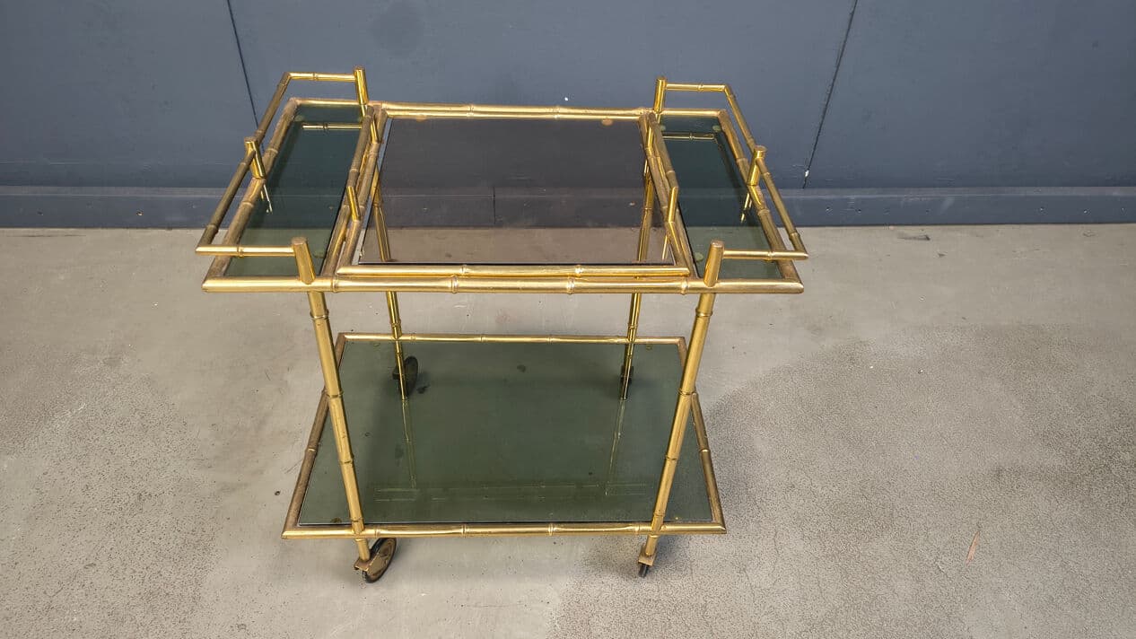 Bar Cart Faux Bamboo, Gold Brass, Grey Glass, Italy, 1970s - 331198