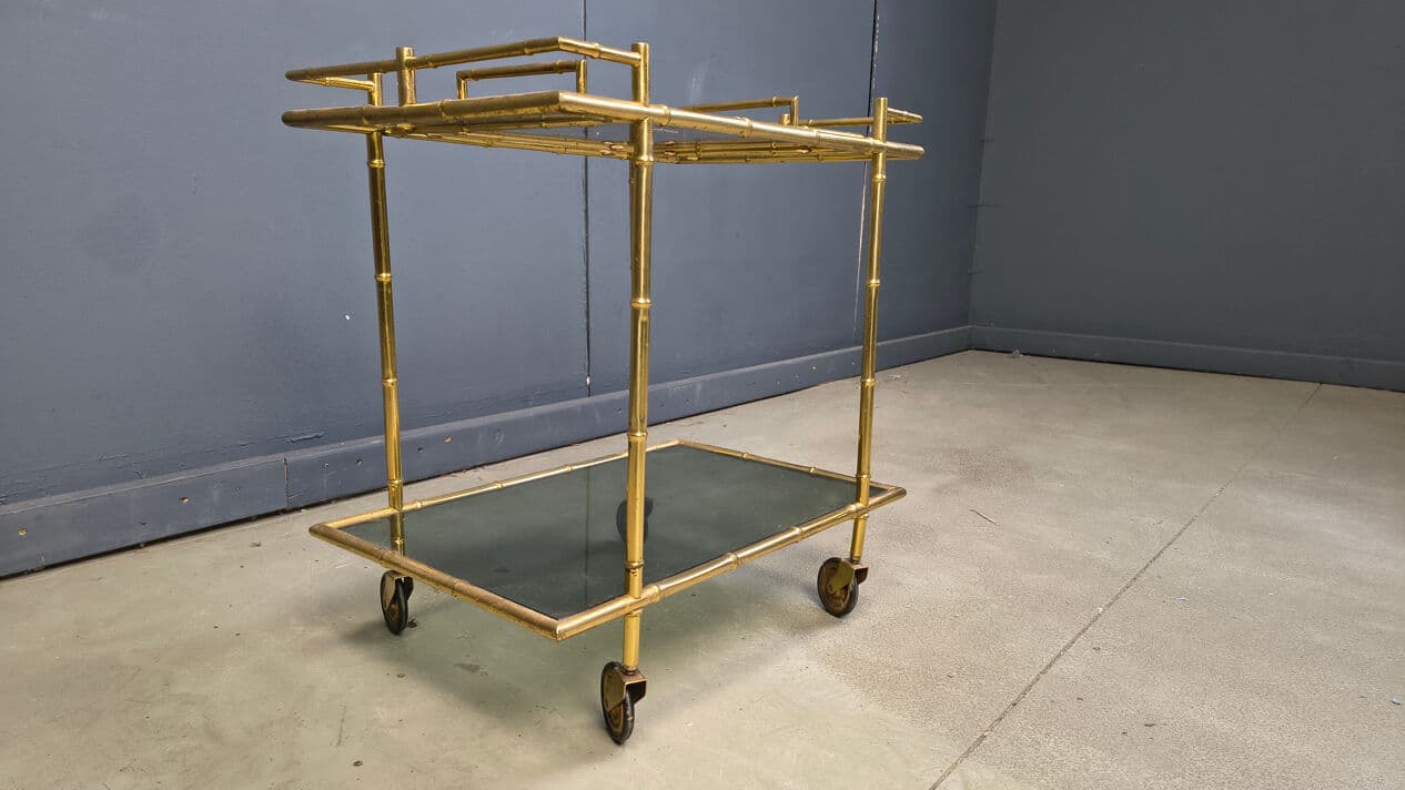 Bar Cart Faux Bamboo, Gold Brass, Grey Glass, Italy, 1970s - 331199