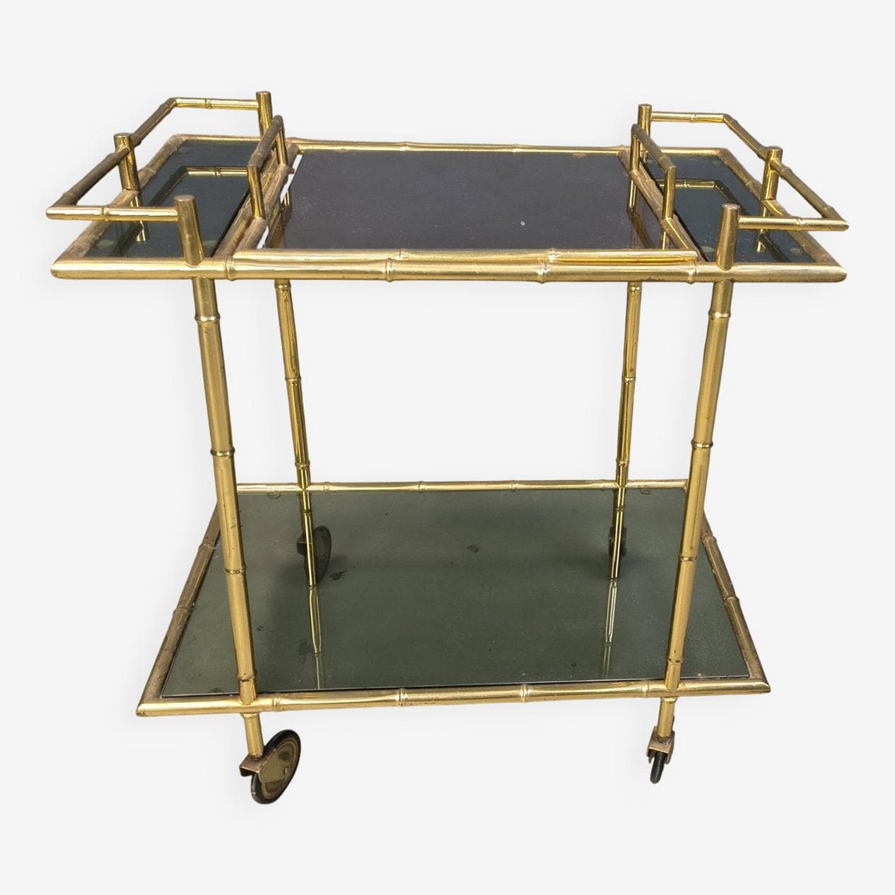 Bar Cart Faux Bamboo, Gold Brass, Grey Glass, Italy, 1970s - 331193