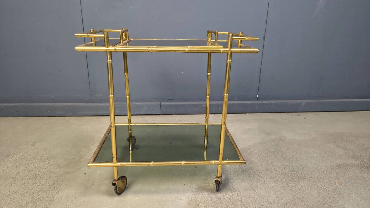 Bar Cart Faux Bamboo, Gold Brass, Grey Glass, Italy, 1970s - 331194
