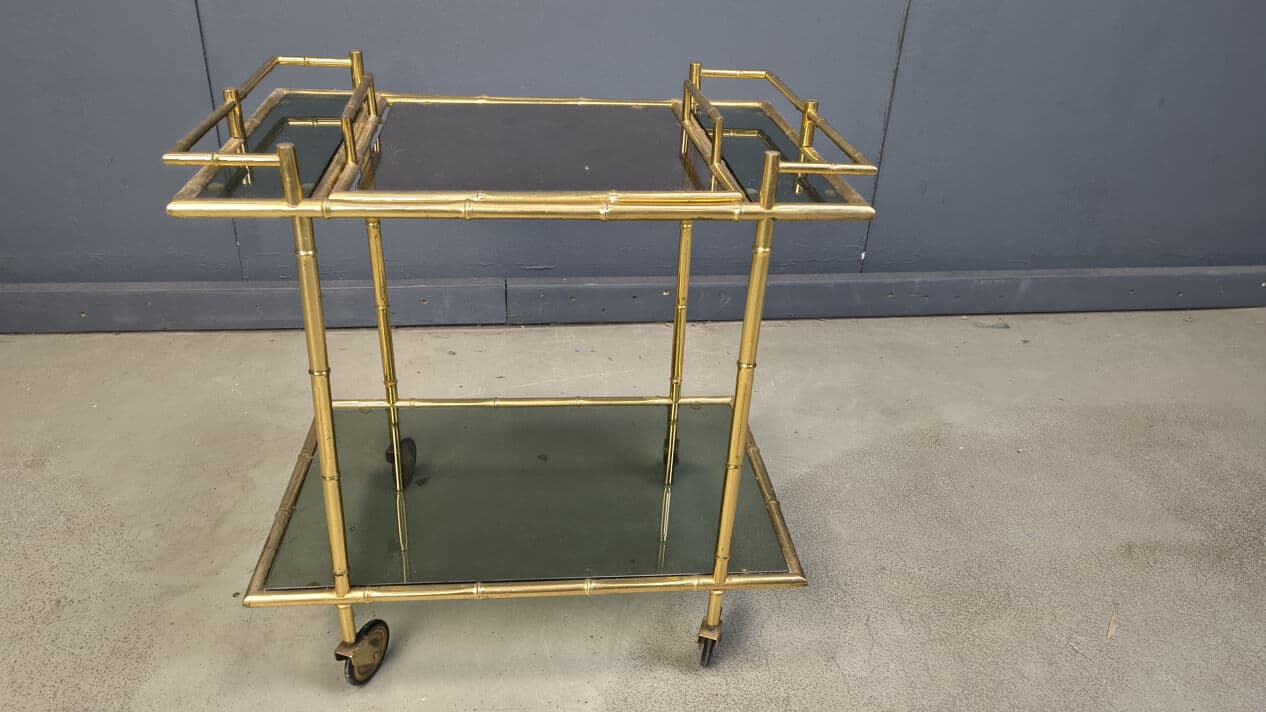 Bar Cart Faux Bamboo, Gold Brass, Grey Glass, Italy, 1970s - 331192