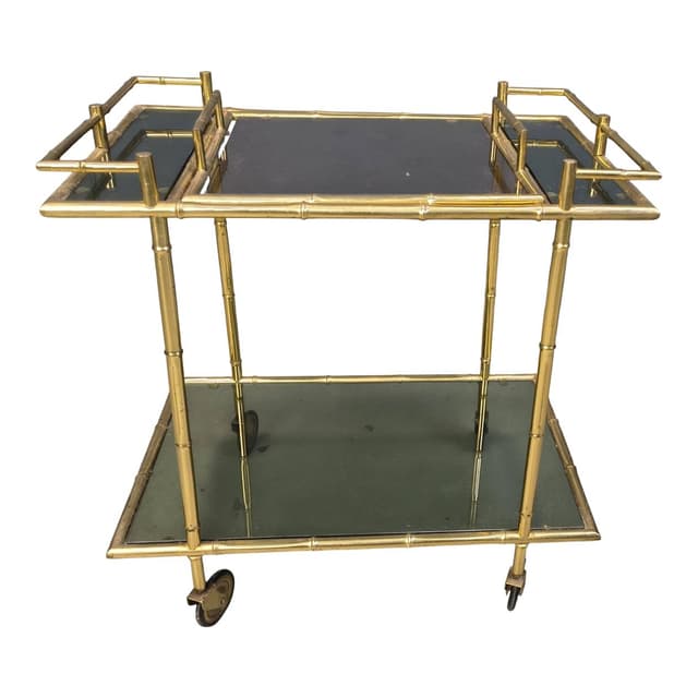 Bar Cart Faux Bamboo, Gold Brass, Grey Glass, Italy, 1970s - DIMENSION