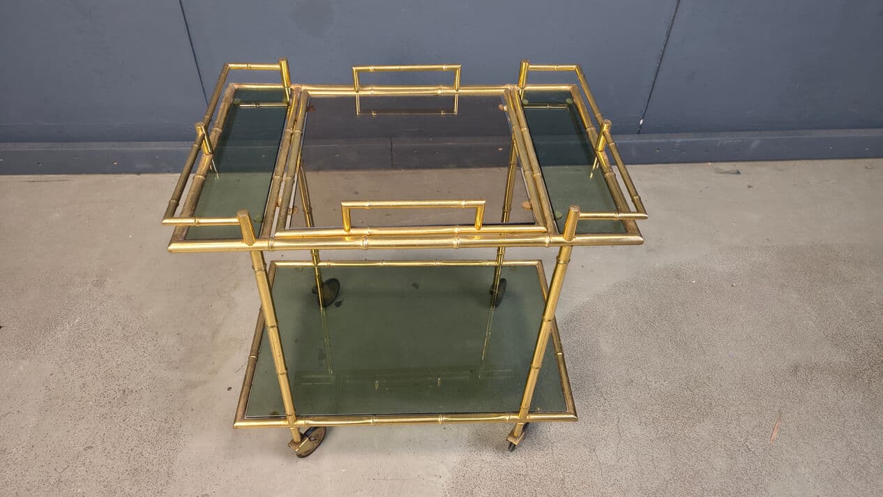 Bar Cart Faux Bamboo, Gold Brass, Grey Glass, Italy, 1970s - 331201