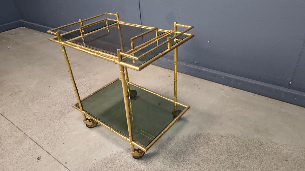 Bar Cart Faux Bamboo, Gold Brass, Grey Glass, Italy, 1970s - 331195