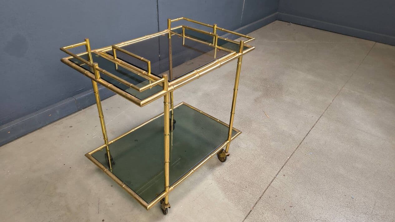 Bar Cart Faux Bamboo, Gold Brass, Grey Glass, Italy, 1970s - 331197