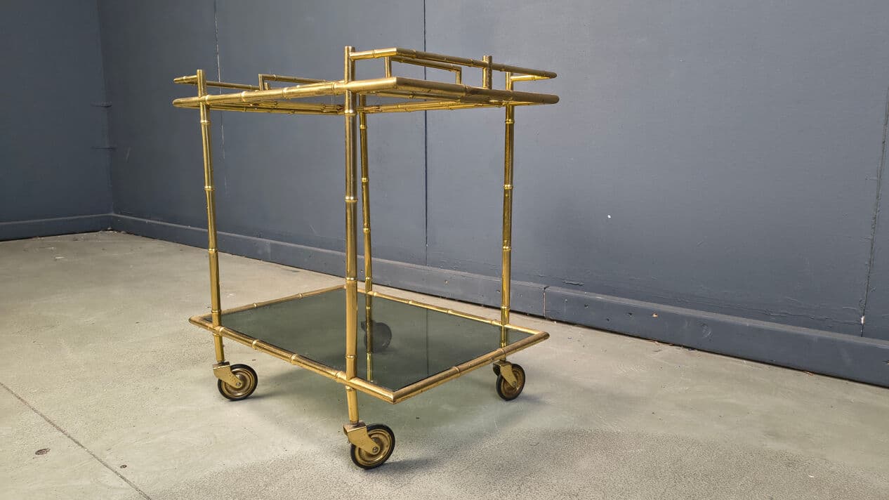 Bar Cart Faux Bamboo, Gold Brass, Grey Glass, Italy, 1970s - 331191