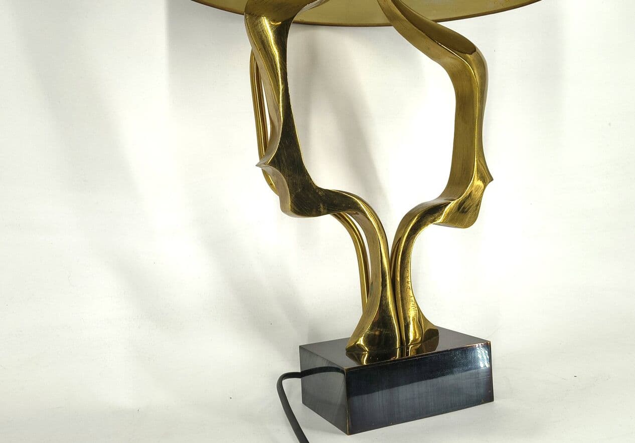 Lampa stołowa, brąz złoty, drewno czarne, tkanina brązowa, proj. W. Daro, Belgia, lata 70. - 331149
