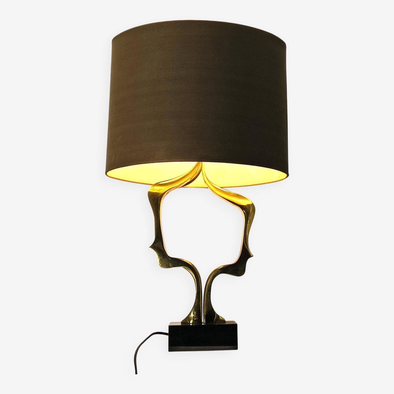 Lampa stołowa, brąz złoty, drewno czarne, tkanina brązowa, proj. W. Daro, Belgia, lata 70. - 331146