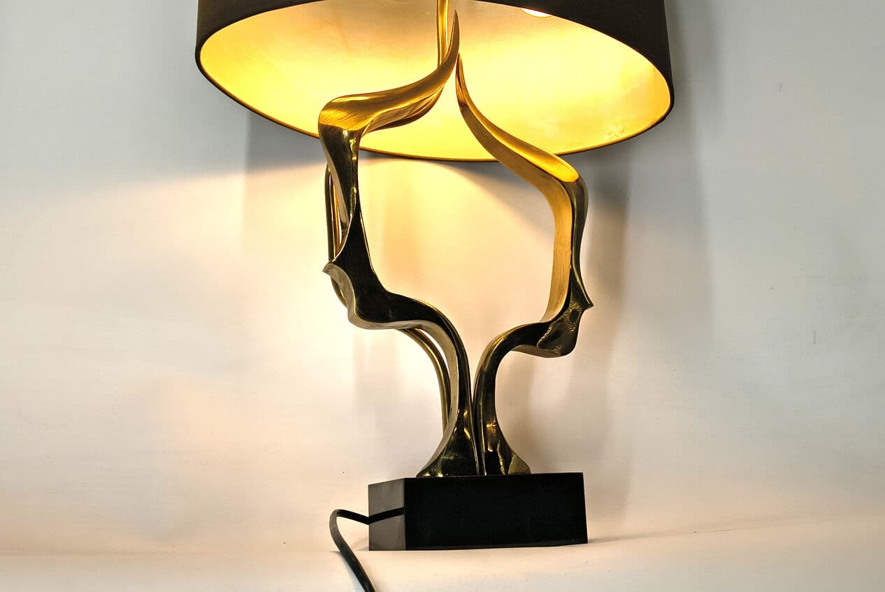 Lampa stołowa, brąz złoty, drewno czarne, tkanina brązowa, proj. W. Daro, Belgia, lata 70. - 331156