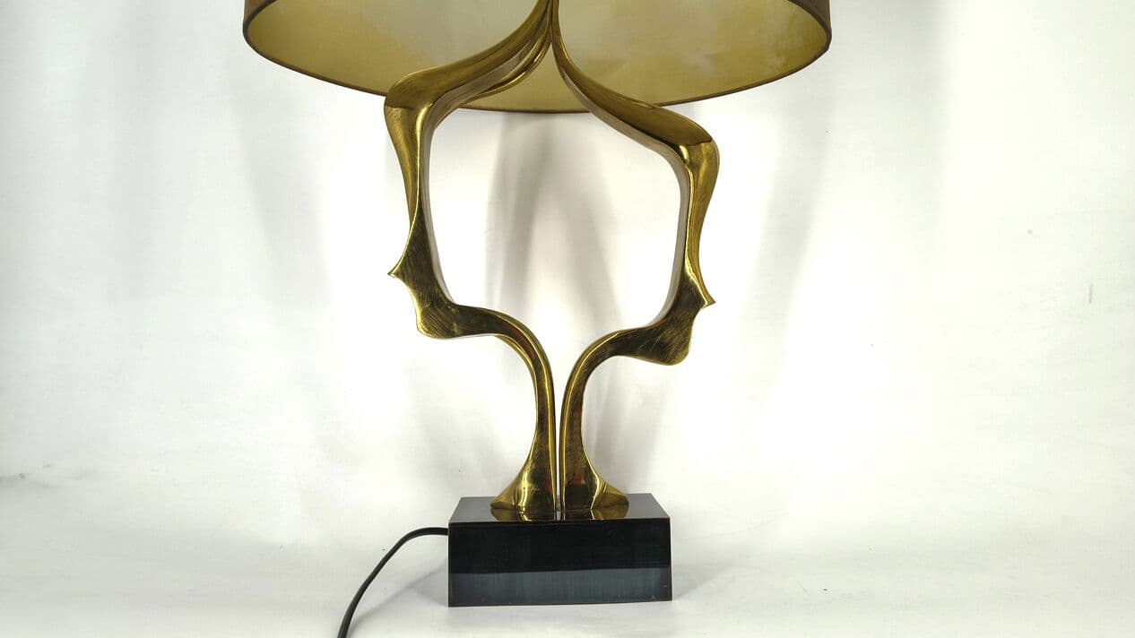 Lampa stołowa, brąz złoty, drewno czarne, tkanina brązowa, proj. W. Daro, Belgia, lata 70. - 331151