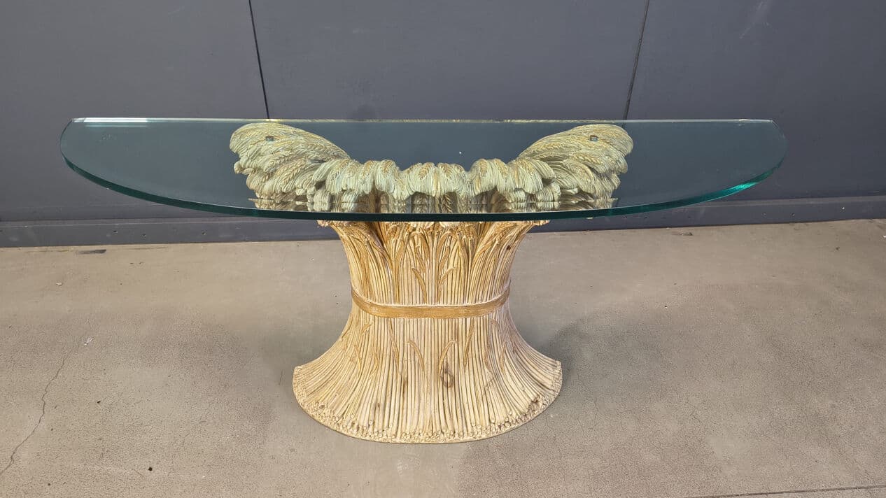 Konsola Sheaf of Wheat, drewno złote, szkło transparentne, proj. F. Chelini, Belgia, lata 70. - 331126