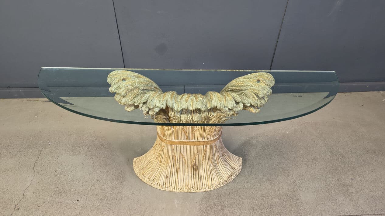 Konsola Sheaf of Wheat, drewno złote, szkło transparentne, proj. F. Chelini, Belgia, lata 70. - 331125