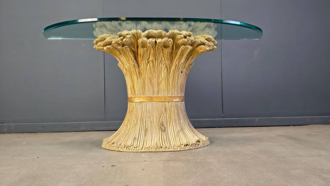 Konsola Sheaf of Wheat, drewno złote, szkło transparentne, proj. F. Chelini, Belgia, lata 70. - 331128